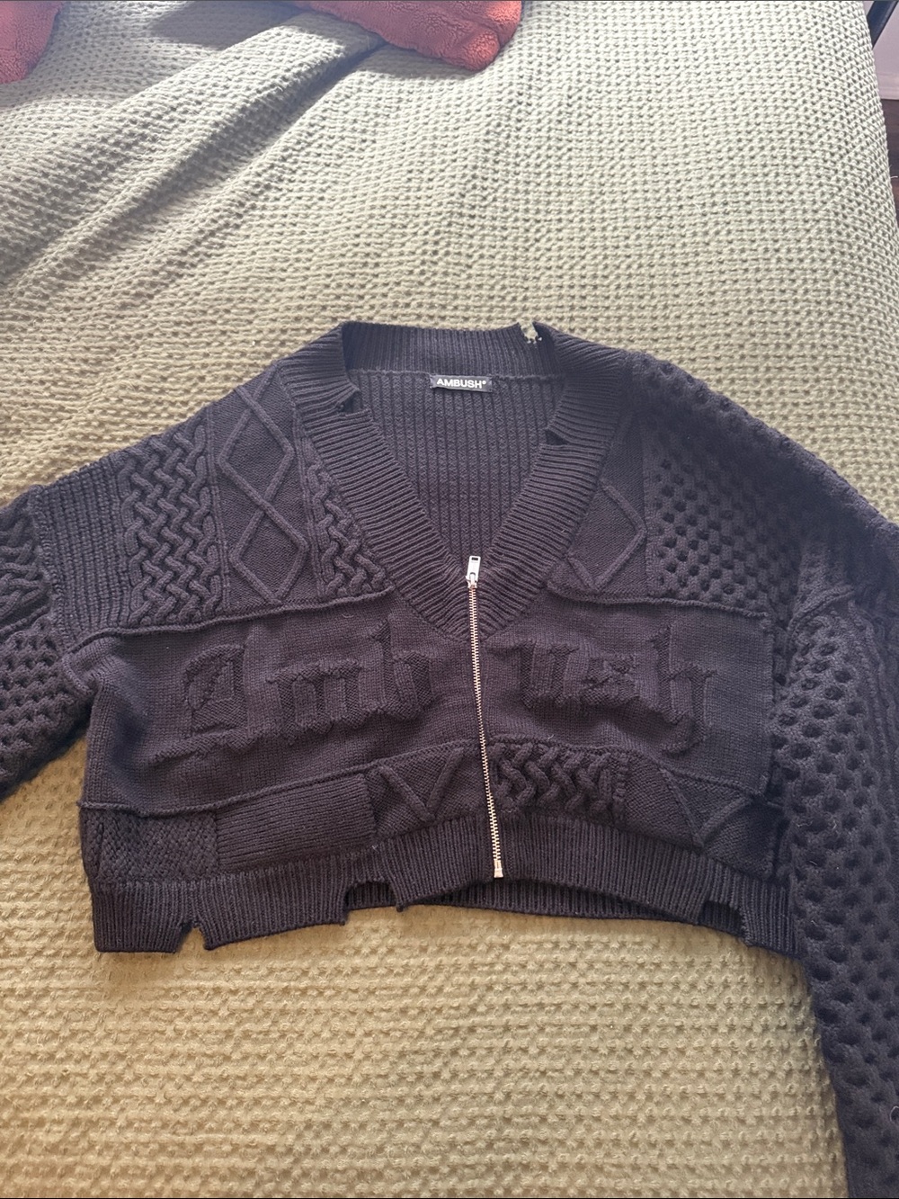 Ambush Black Cropped Cable-Knit V-Neck Zip Sweater